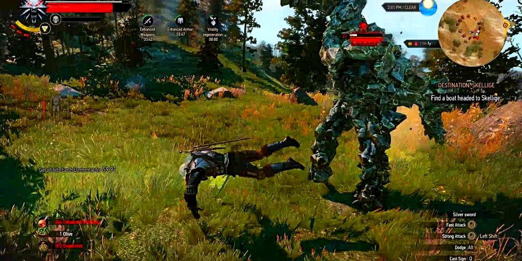 geralt dodging the attack of an earth elemental.