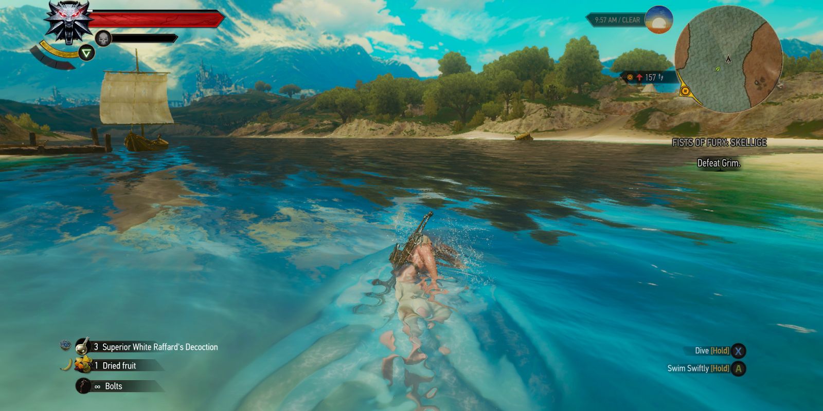 geralt swimming in a river in the witcher 3