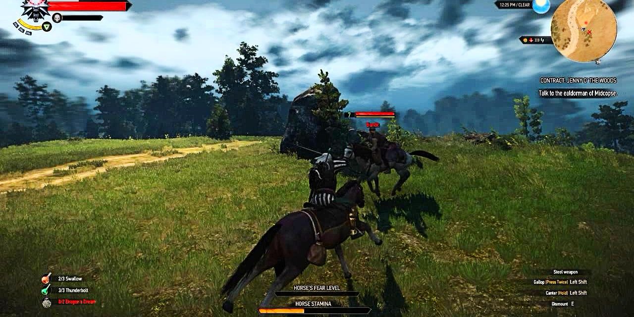 geralt fighting human enemies on horseback