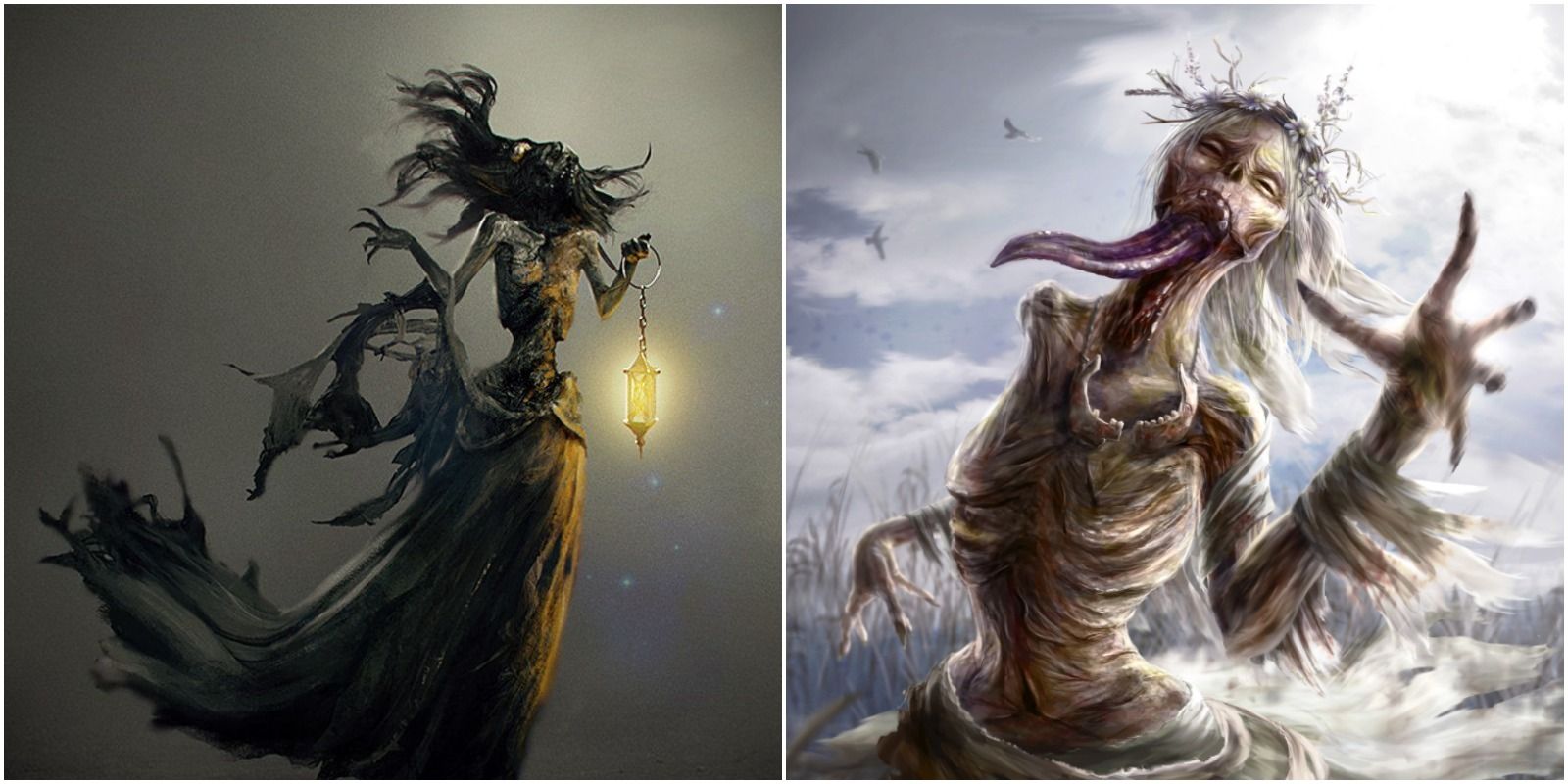 left: nighwraith with dark background and clothing. right: noonwraith in sunny field in pale clothes.