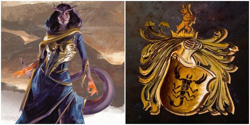 A tiefling next to art depicting the Scorpio sign