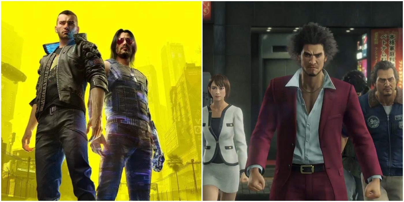(Left) Cyberpunk 2077 - promotional image of protagonists (Right) Gameplay image of key Yakuza: Like a Dragon characters
