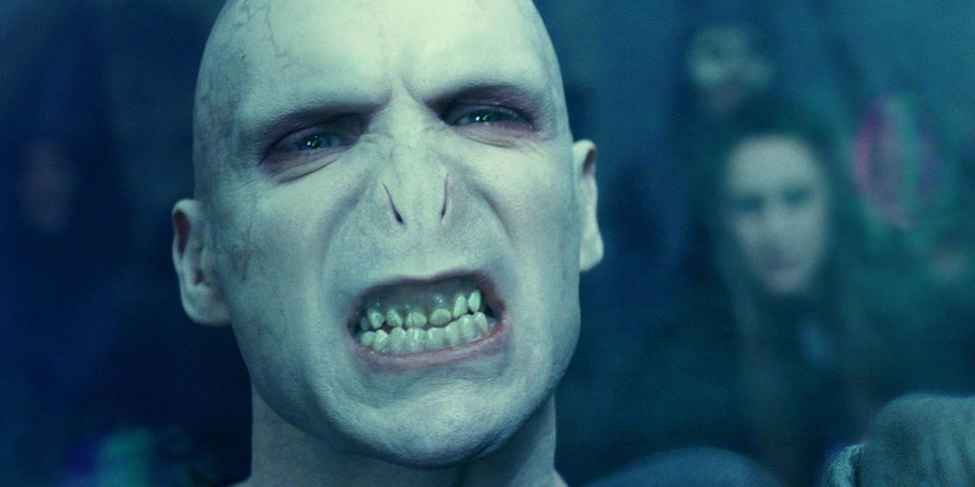 Voldemort gritting his teeth in Harry Potter