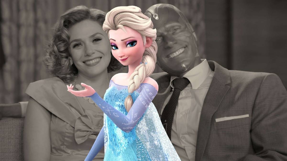 Elsa from Frozen in front of Wanda and Vision from WandaVision.