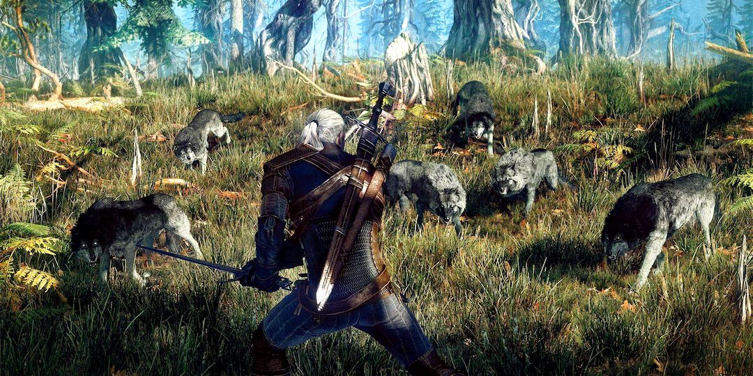 geralt facing a pack of wolves in a field.