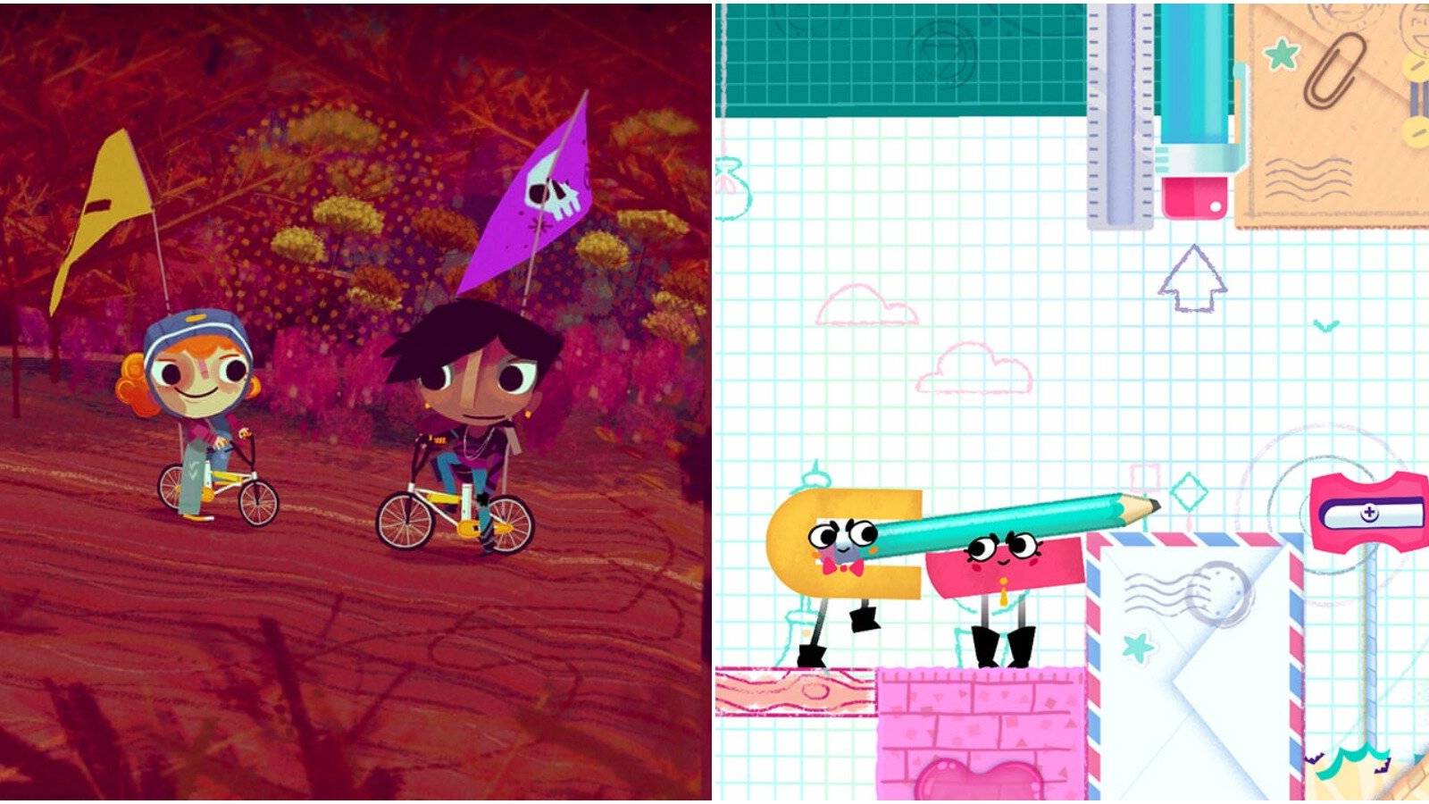 Screenshots from Knights and Bikes (left) and Snipperclips (right)