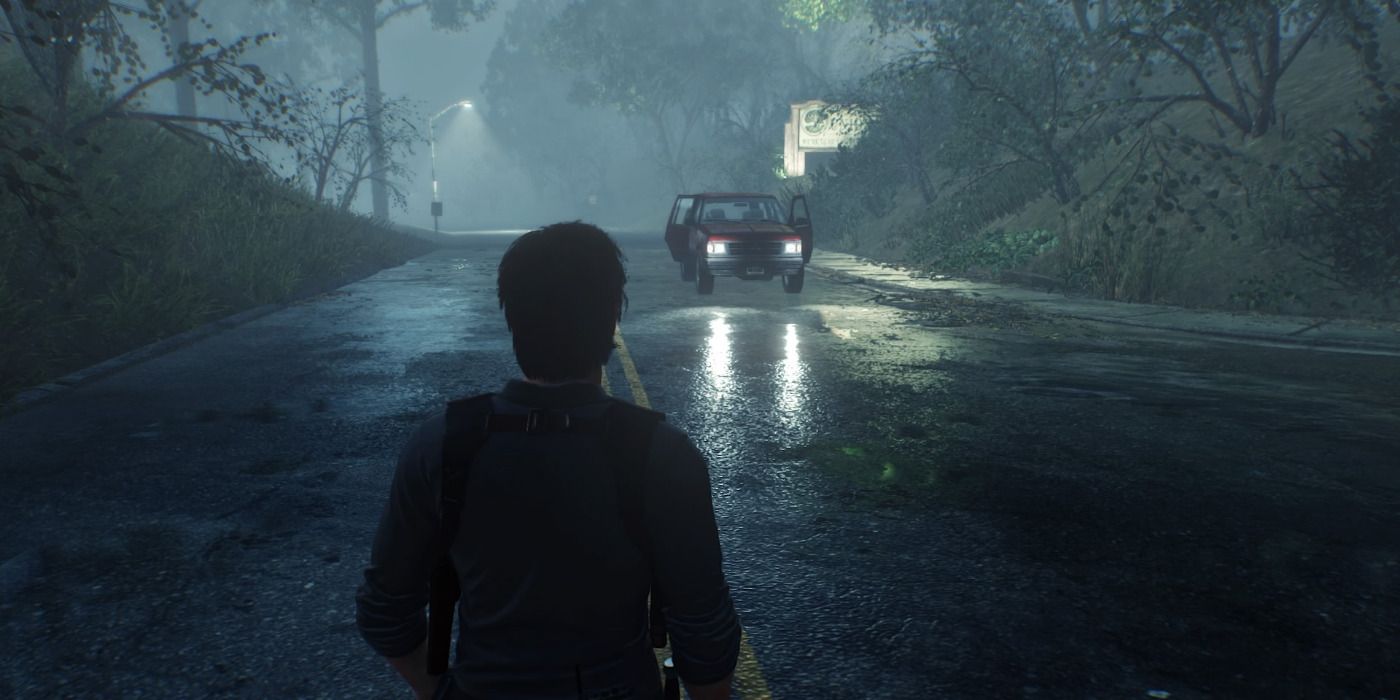 The Evil Within 2 gameplay screenshot of an empt car with its light on