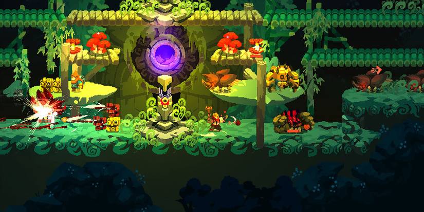 Purple orb in hungle bridge arena with machines in Aegis Defenders Switch