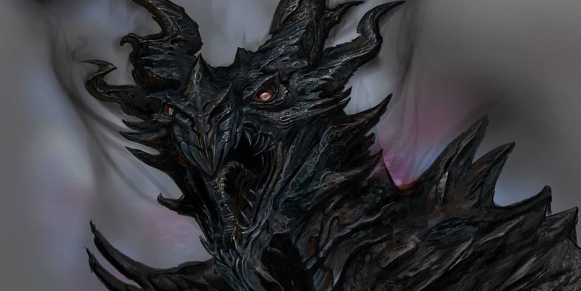 Skyrim Alduin Concept Art Roaring Grey Background
