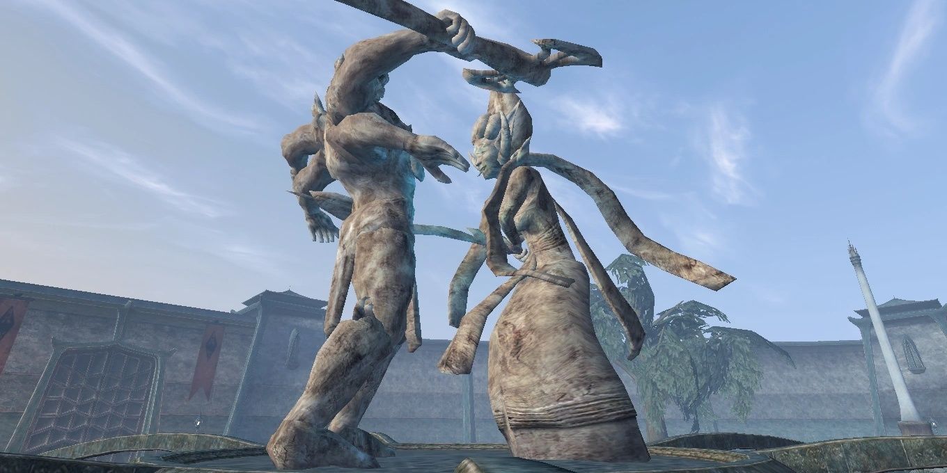 Статуя Альмалексии на дуэли с Мерунесом Дагоном из The Elder Scrolls Morrowind
