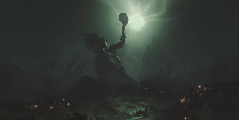 A ghastly moon looks over a ruined world