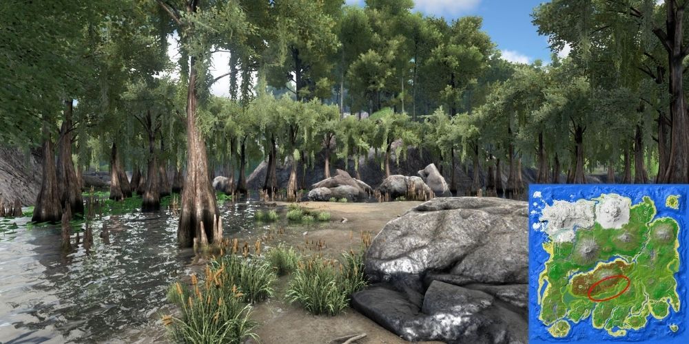 Ark: Survival Evolved, Writhing Swamp Screenshot with Map Included