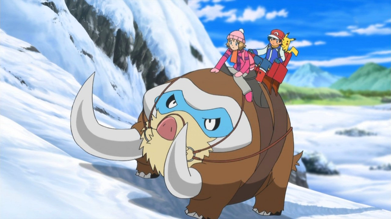 Ash and Serena riding Mamoswine