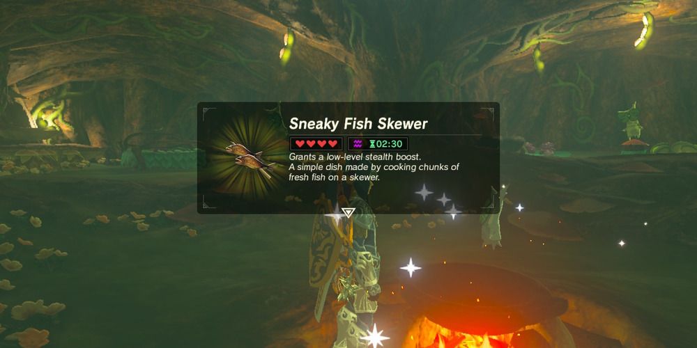 Link cooking a Sneaky Fish Skewer in BOTW