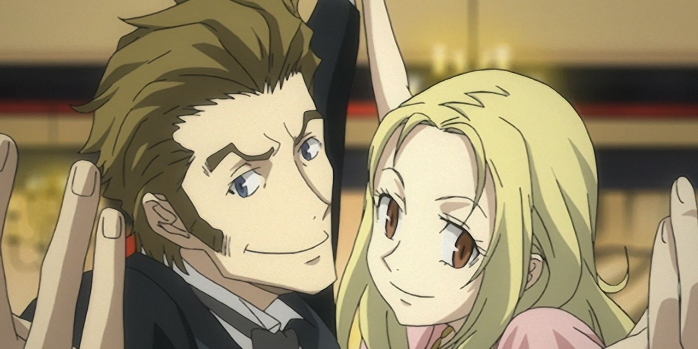 A man smiles while a woman accompanies him in Baccano!