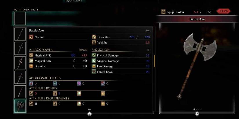 Demon's Souls for the PS5. Inventory View of the Battle Axe.