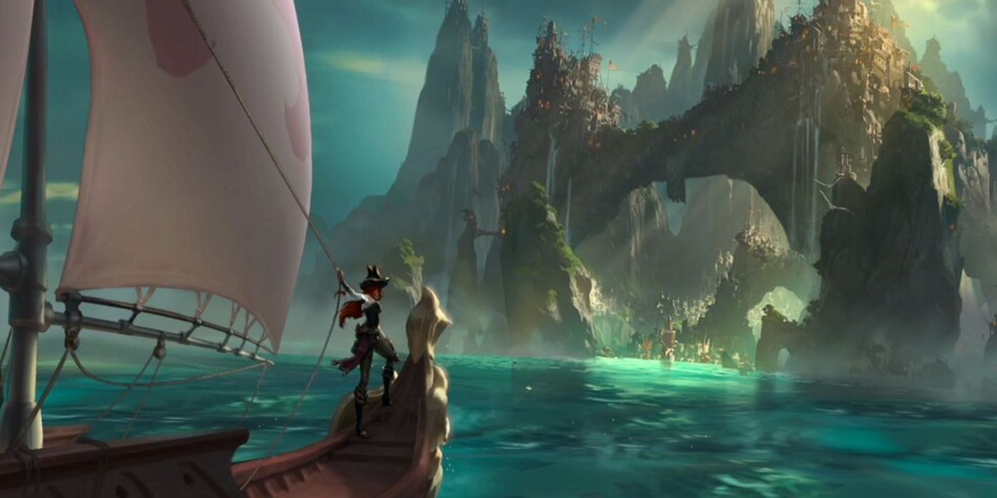 Legends of Runeterra Bilgewater Miss Fortune sailing into town on pirate ship