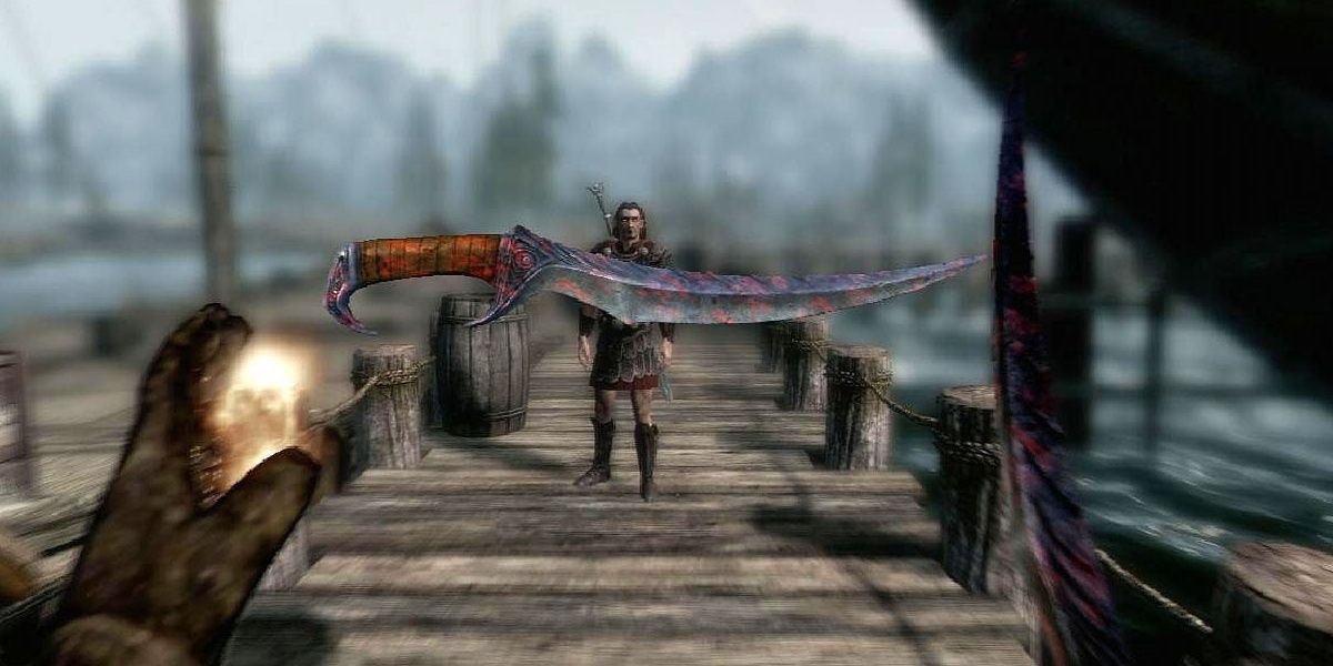 Skyrim Blade of Woe Held and Highlighted