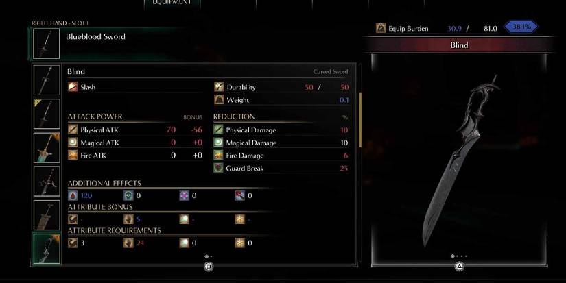 Demon's Souls for the PS5. Inventory View of the Blind curved sword.