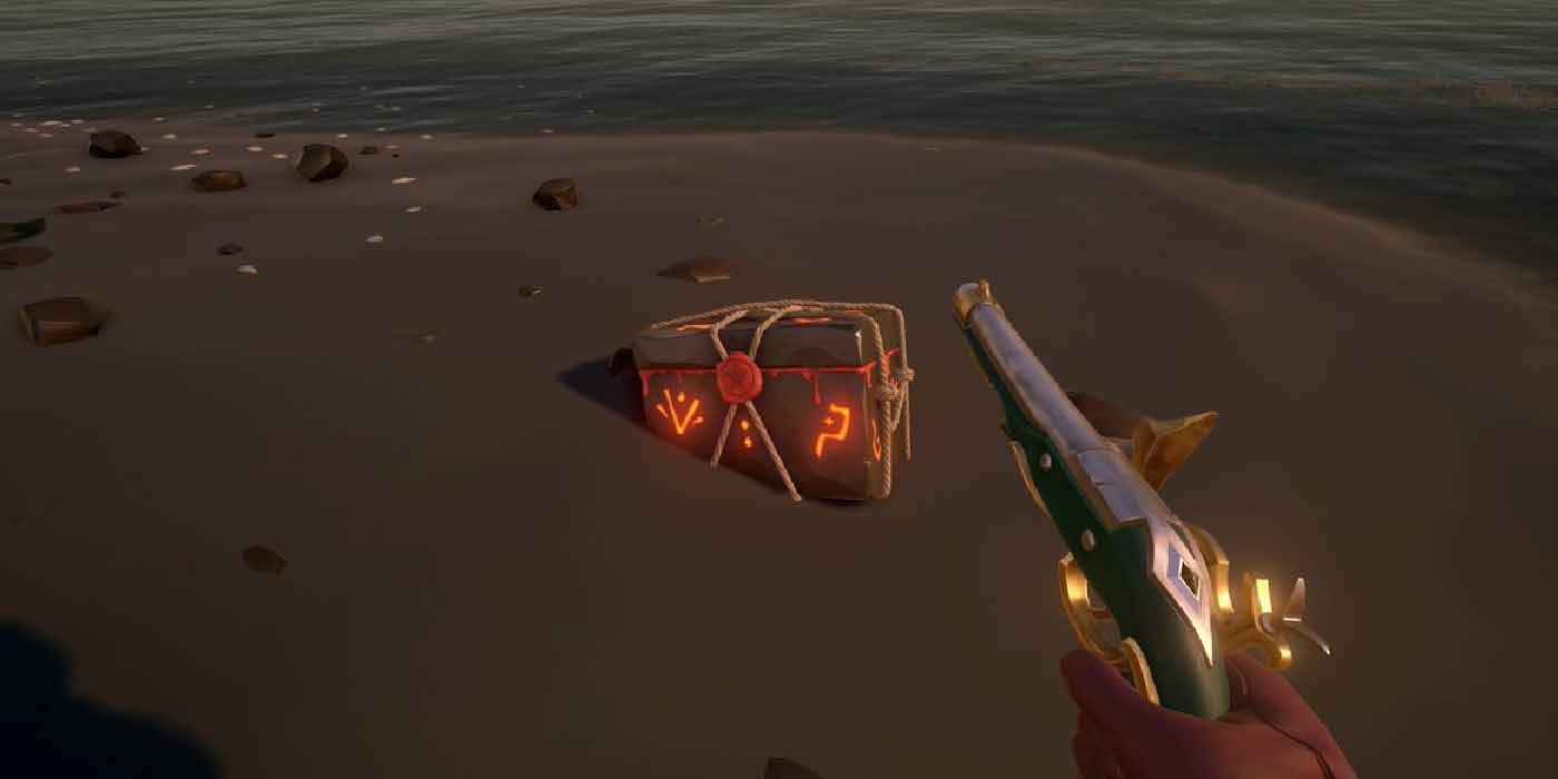Finding a Box of Wondrous Secrets buried on the beach in Sea of Thieves.