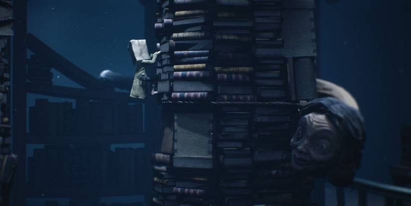 Little Nightmares 2 Mono Climbing Bookshelf While Teacher Looks for Him