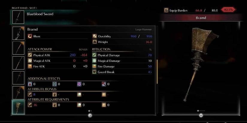 Demon's Souls for the PS5. Inventory View of the Bramd heavy hammer.