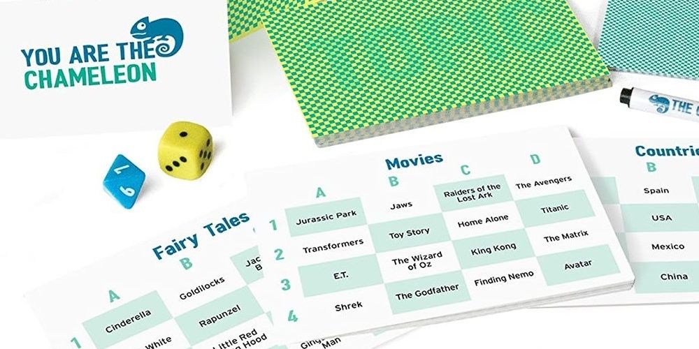 The Chameleon game dice, topic cards, blank cards for players. 
