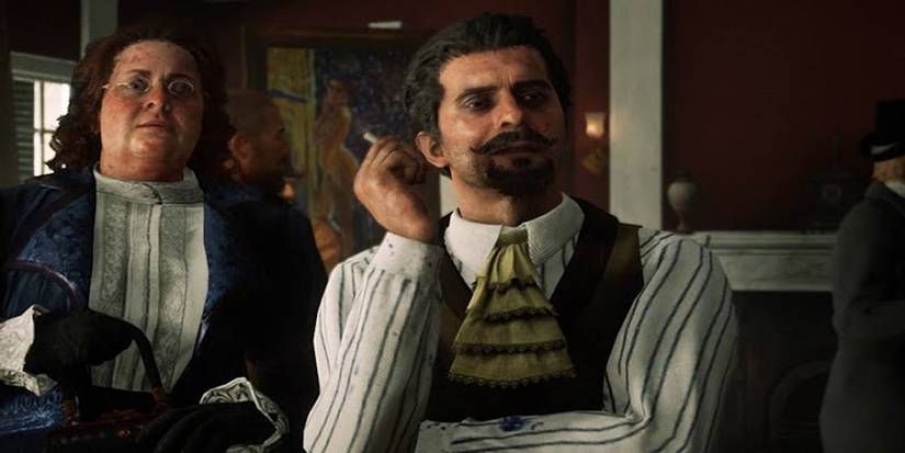 RDR2 Charles Chatenay Smoking Cigarette in Bar Woman Behind Him