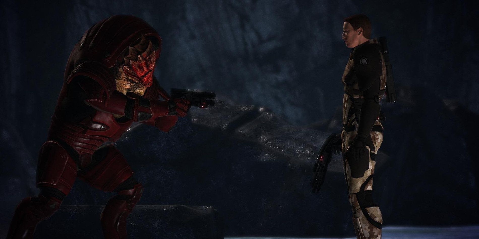 Shephard faces down Wrex in Mass Effect