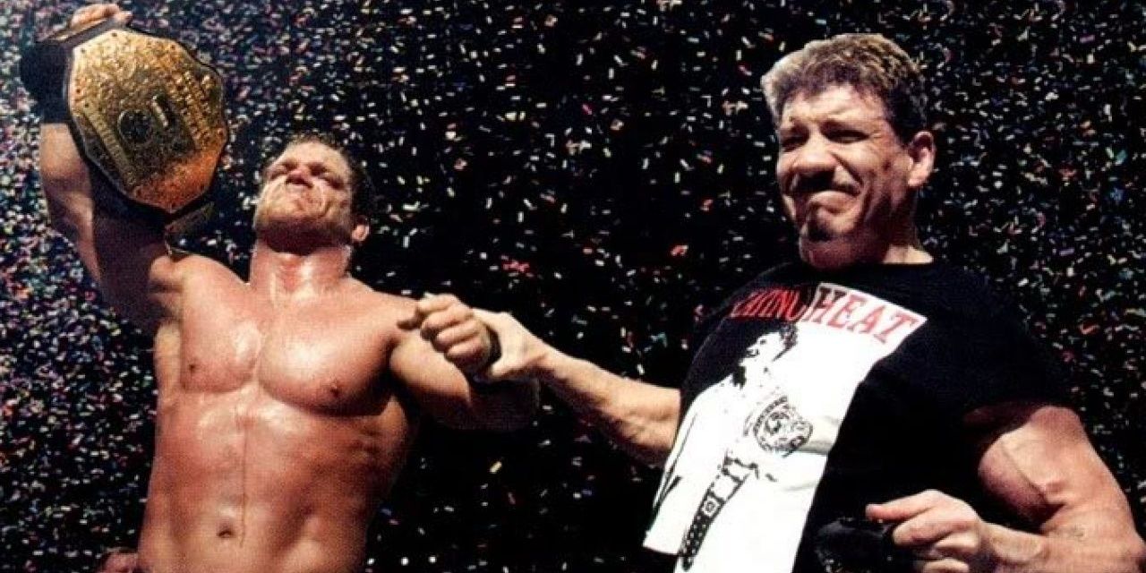 Chris Benoit Celebrating With Eddie Guerrero From Wrestlemania 20