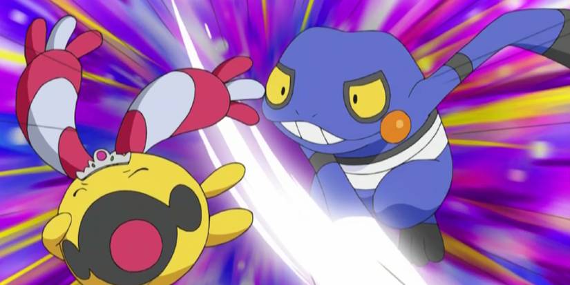Croagunk fighting Chingling in the anime