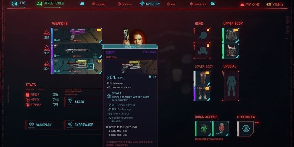 Cyberpunk 2077 Skippy Statistics In The Equipment Menu