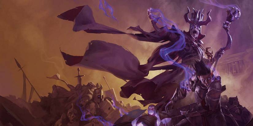 A Necromancer Atop Many Bones Fighting A Warrior