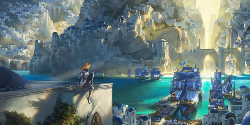 Lux League of Legends sitting on cliff looking at city