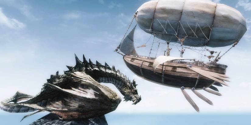 Dragon sits on a rock with an airship behind, Skyrim