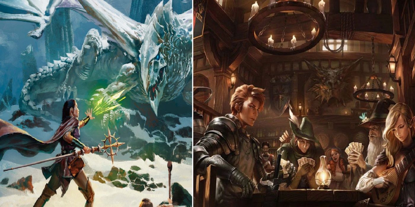 Dungeons & Dragons split image magical battle party in tavern