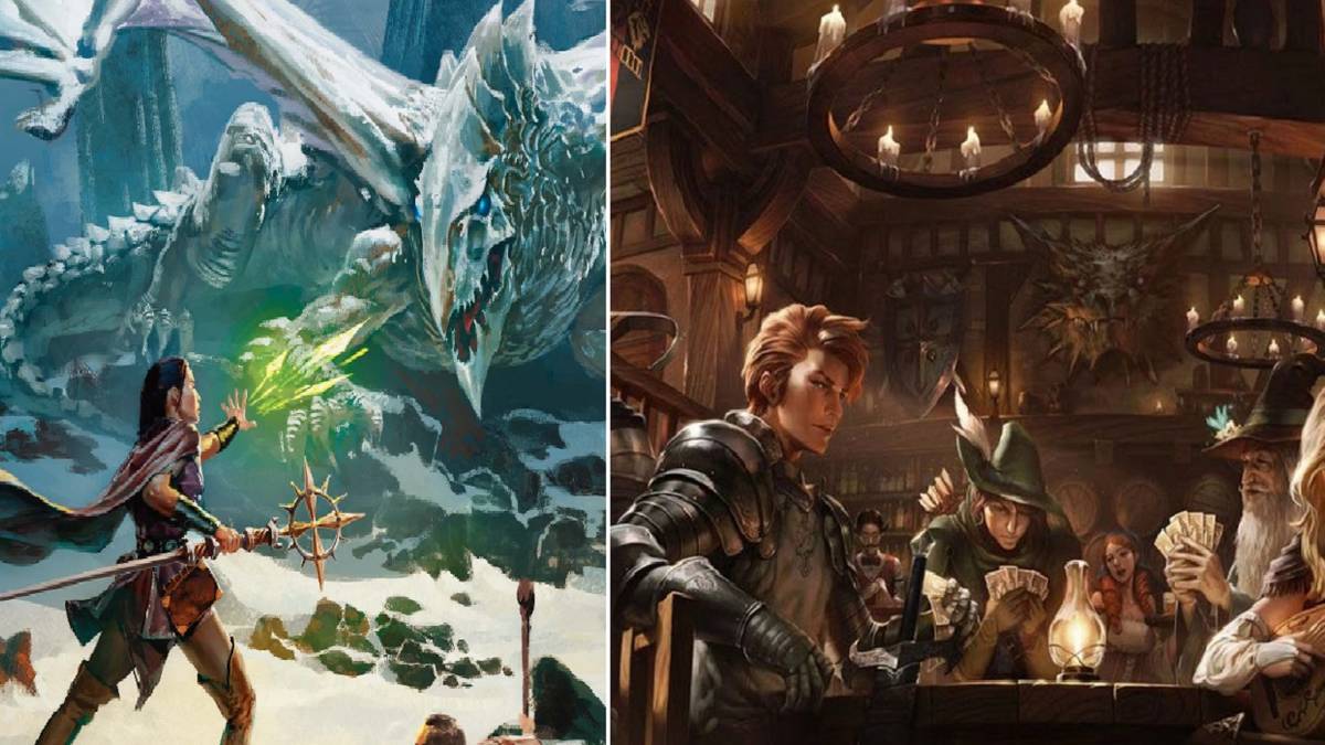 Dungeons & Dragons split image magical battle party in tavern