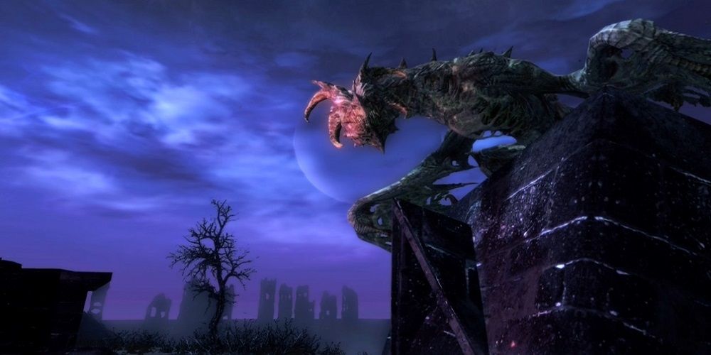 Skyrim Dawnguard Durnehviir Perched Atop a Ruin in the Soul Cairn