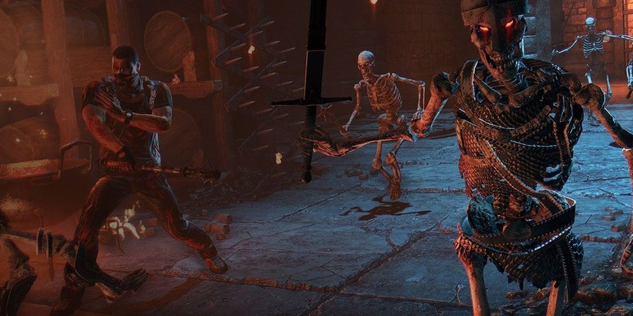 player being attacked by skeleton with more skeletons in the background running towards them
