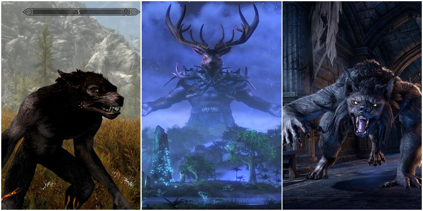 Elder Scrolls Left Skyrim Werewolf in Open Field Center Hircine With Stag Head Arms Outstretched in Twilight Sky Right Concept Art of Werewolf Running Down Corridor