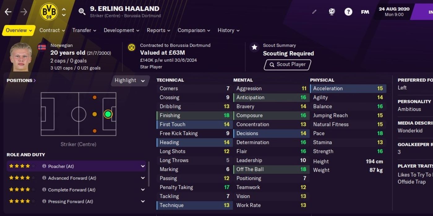 Football Manager 2021 Erling Haaland Stats Screen