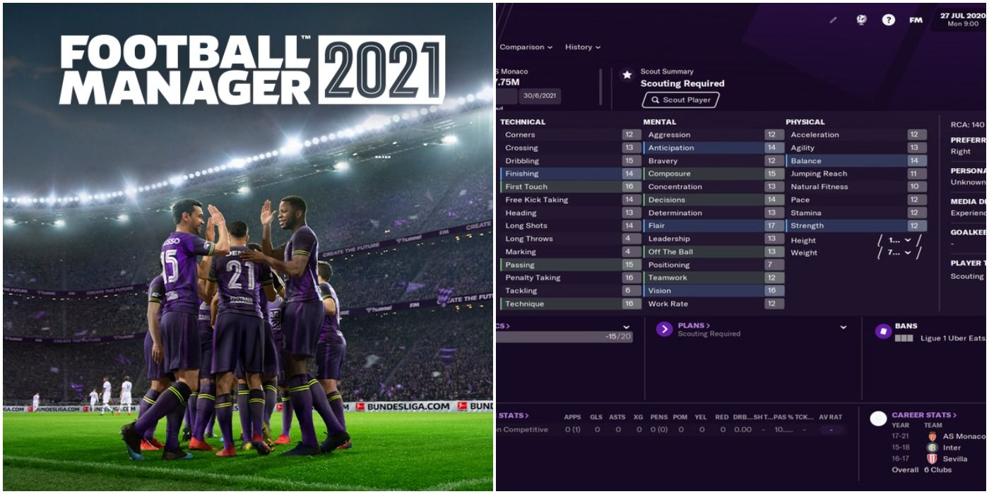 (Left) Football Manager 21 title and team celebrating (Right) Jovetic's stats