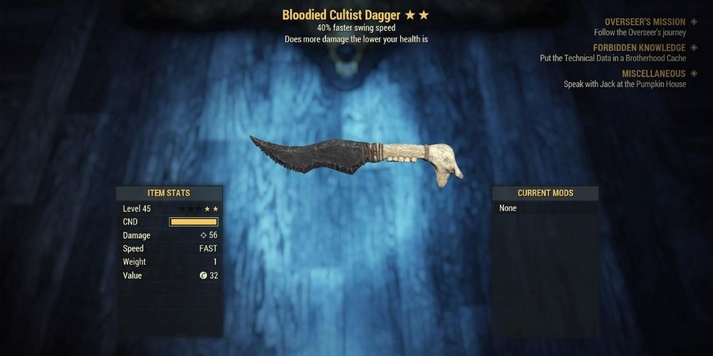Fallout 76 Screenshot of Bloodied Cultist Dagger