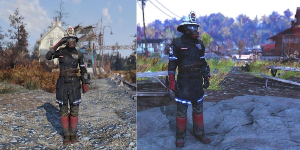 Скриншот Fallout 76: редкая экипировка пожарного-ответчика со шлемом