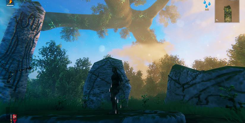 First Arrival in Valheim avatar on starting altar with world tree in sky