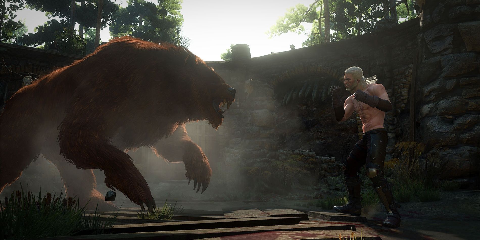 Geralt fights a bear in The Witcher 3