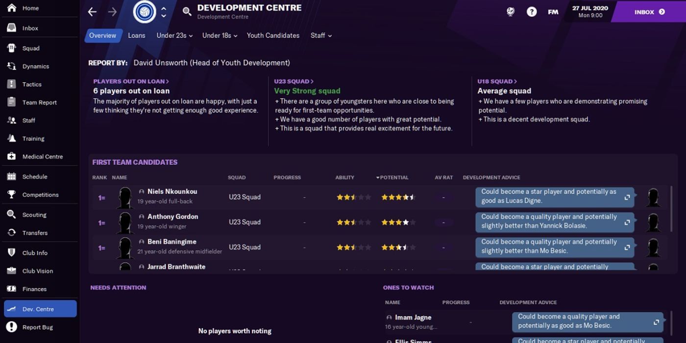 Football Manager 2021 Youth Intake Screen