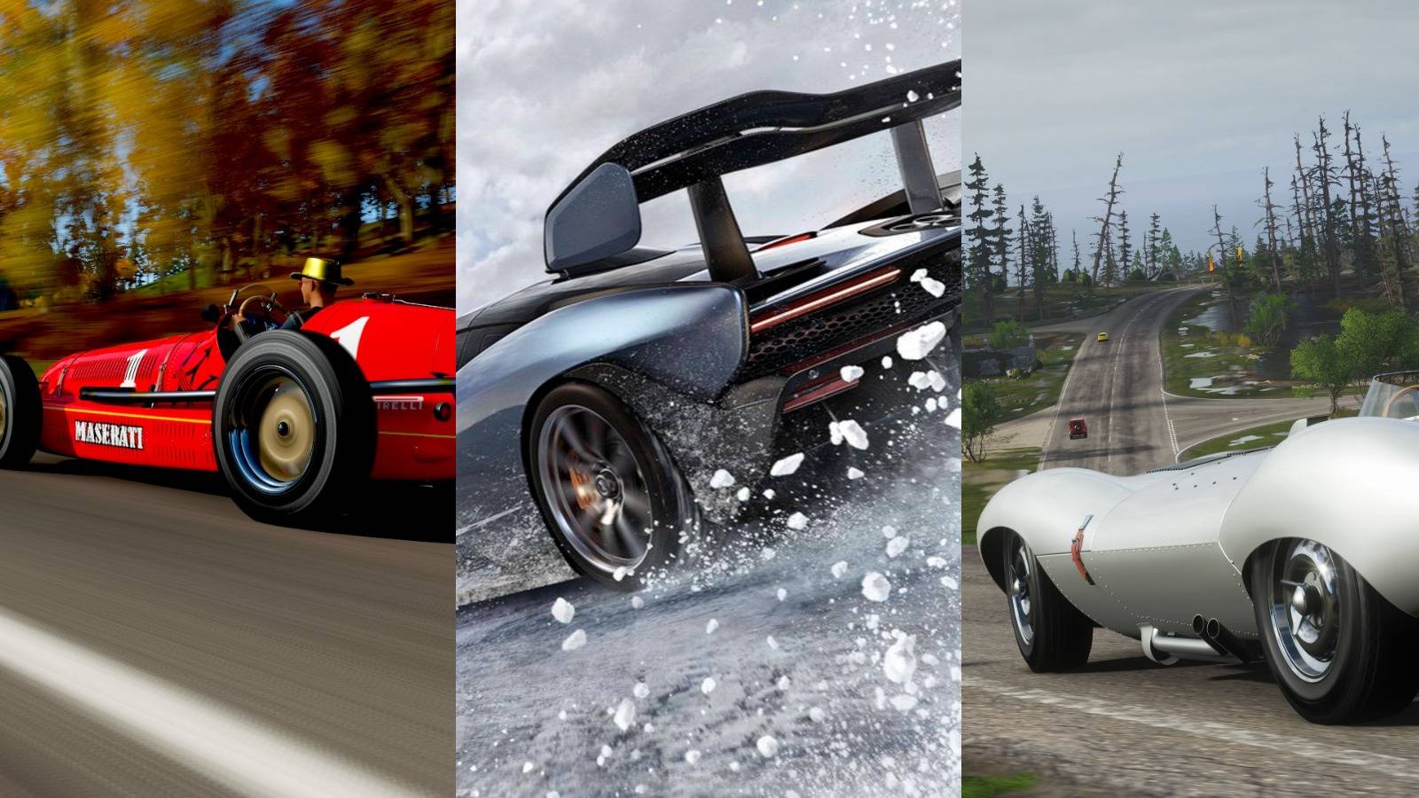 Forza Horizon 4 Maserati 8CTF Jaguar D-Type winter split image