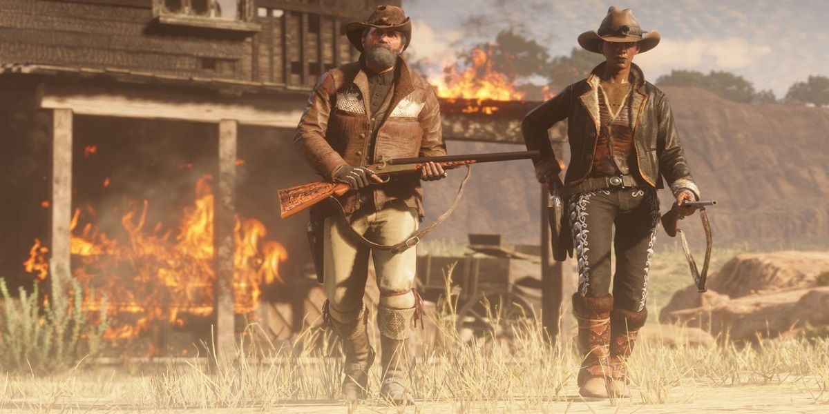RDO Two Armed Players Walking Away From A Burning Building