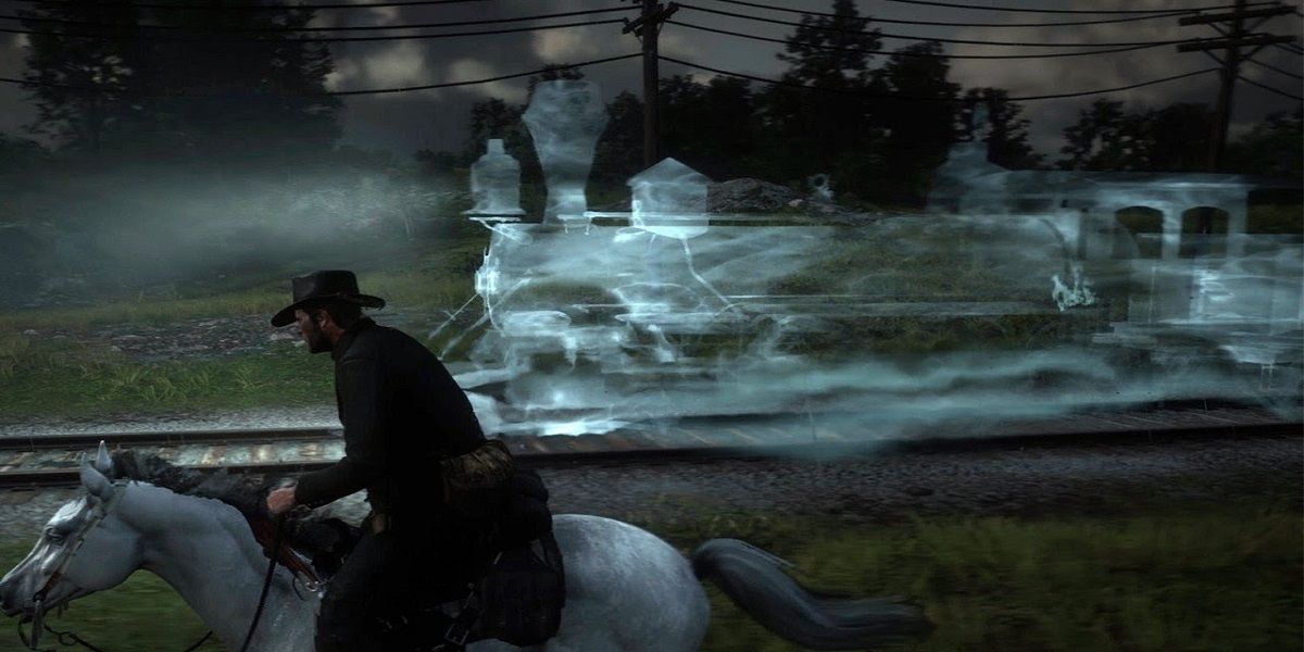 RDR2 Ghost Train Arthur Riding White Horse at Night